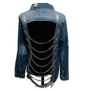 American Bazi Distressed‎ Longline Denim Jacket | Chain Drape Open Back Grunge